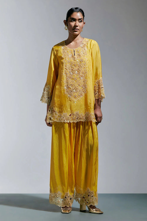 Floral Embroidered Silk Amber Salwar Set