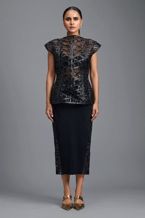 Black Sleek Midi Skirt with Paneled Lattice Detailing