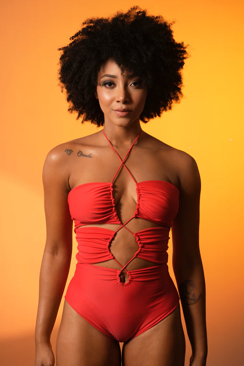 Cherry Ruched Halter Swimsuit