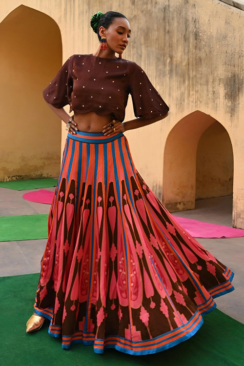 Brown Pink Kilim Lehenga Set