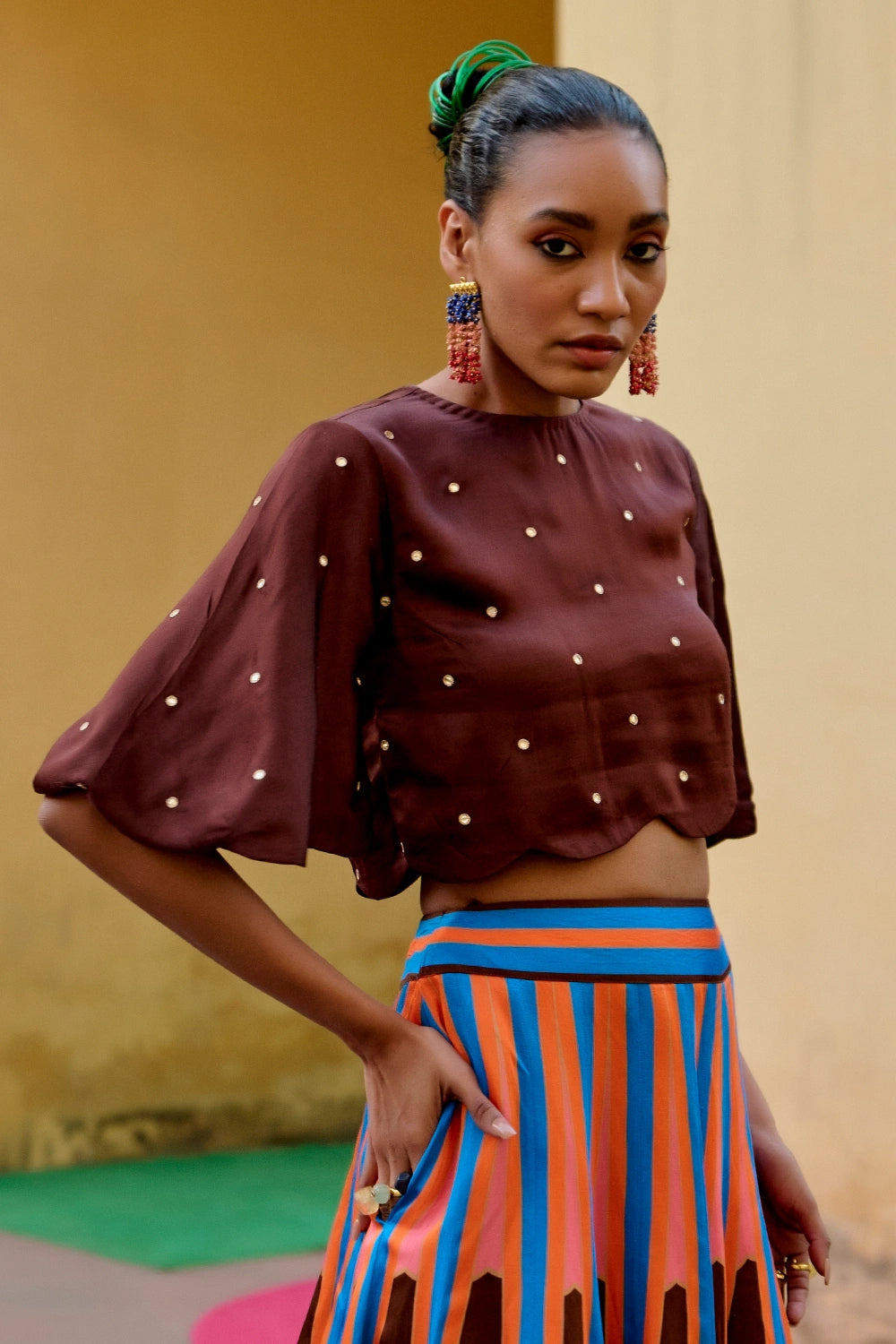 Brown Pink Kilim Lehenga Set
