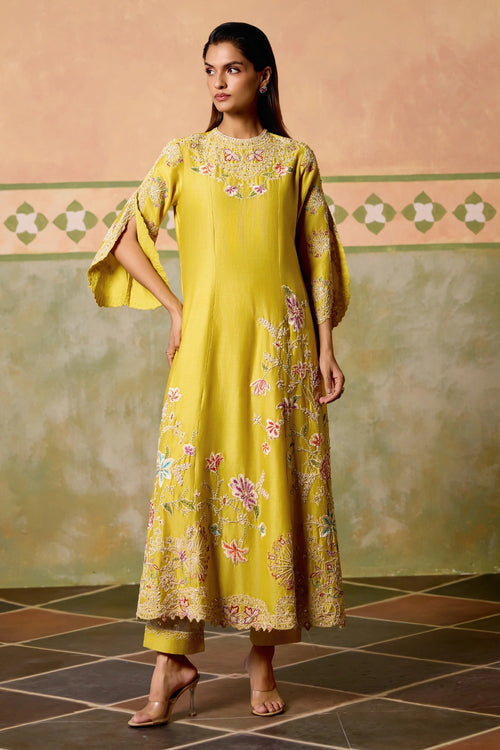 Yellow Contrast Cordwork Flared Kurta with Sheer Panel Pants