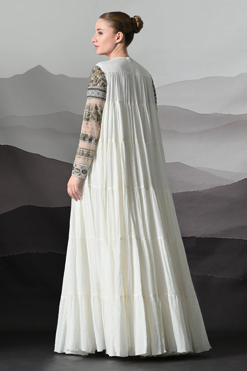 Ivory Artisanal Embroidered Gown With Panelled Overlay