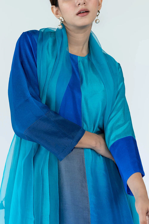 Firozi Grey Ombre Color Block Kurta Set