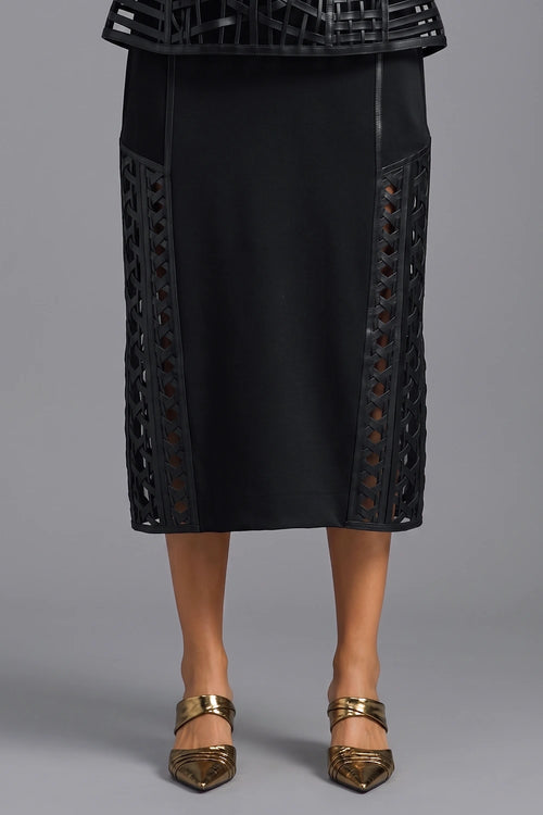 Black Sleek Midi Skirt with Paneled Lattice Detailing