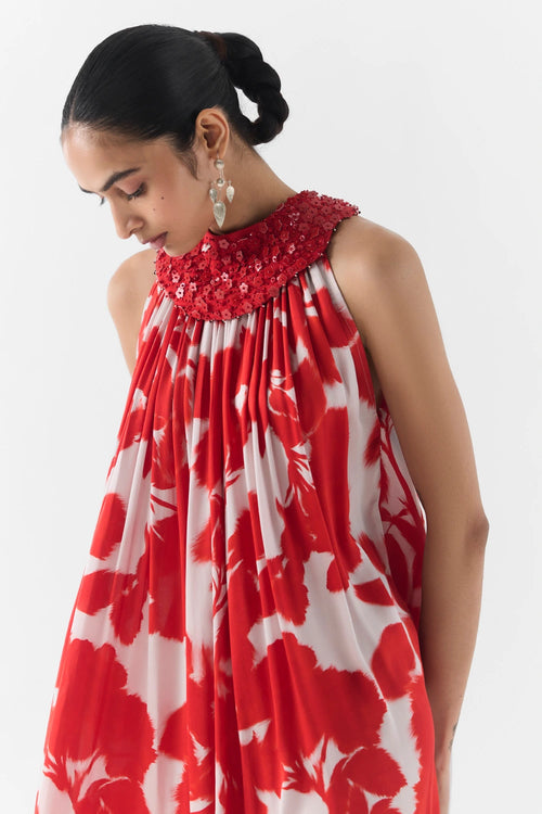 Red Ink Halter Dress With Collar
