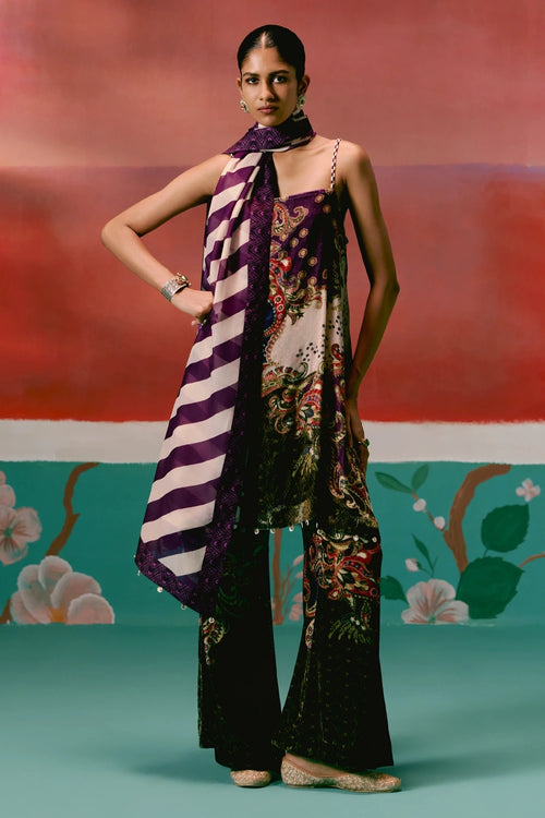 Olive and Purple Paisley Kurta Set with Dupatta