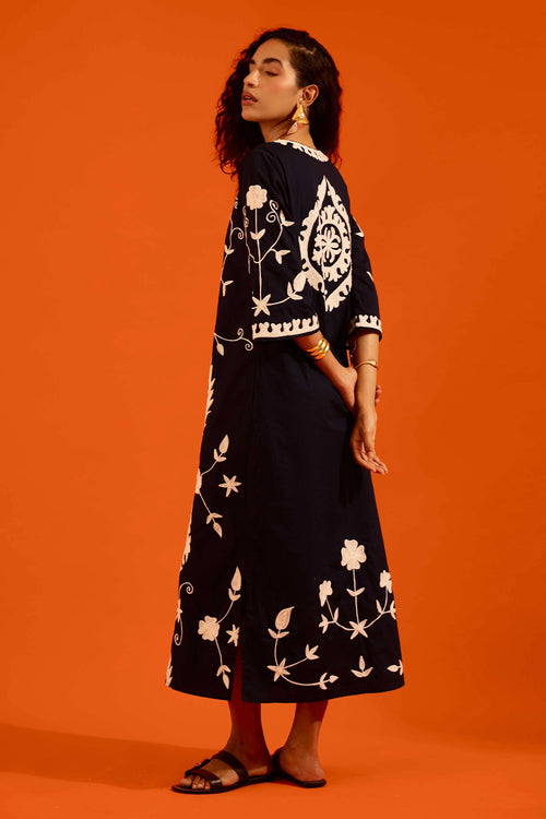 Midnight Cotton Maxi Dress with Thread Embroidery