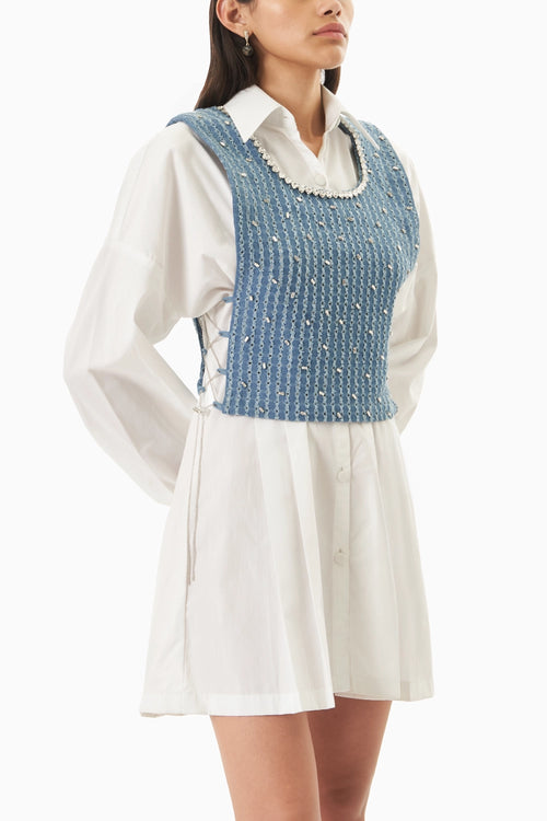 Cotton Pleated Shirt Dress with Blue Lazercut Denim Crystal Bib
