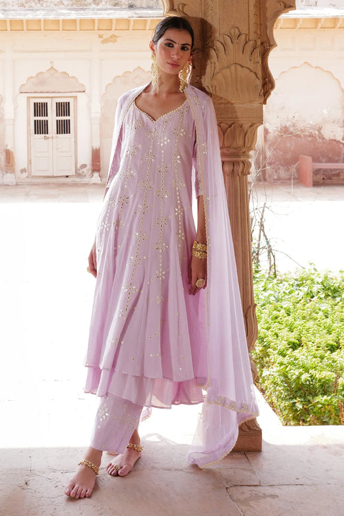 Lavender Big Flower Anarkali with Pants and Dupatta