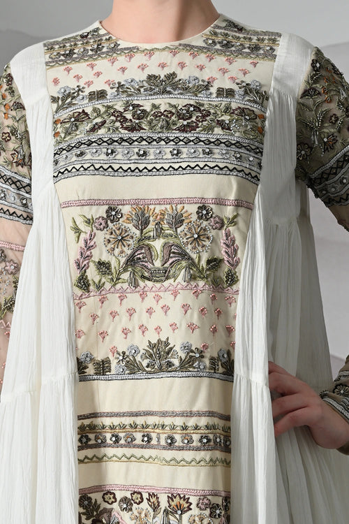 Ivory Artisanal Embroidered Gown With Panelled Overlay