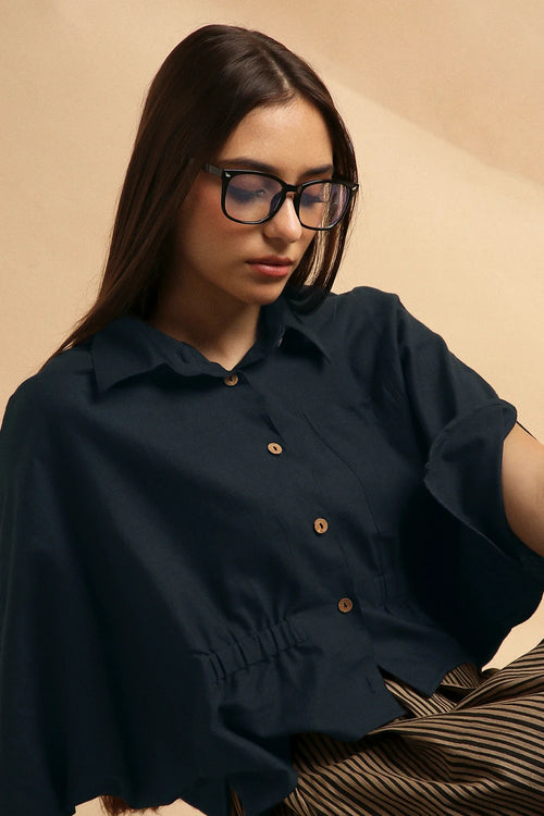 Charcoal Collar Crop Top And Brown Box Pleated Skirt Set
