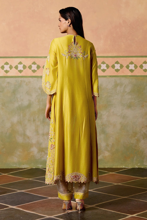 Yellow Contrast Cordwork Flared Kurta with Sheer Panel Pants