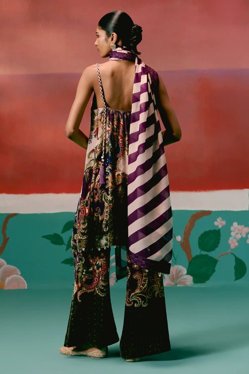 Olive and Purple Paisley Kurta Set with Dupatta