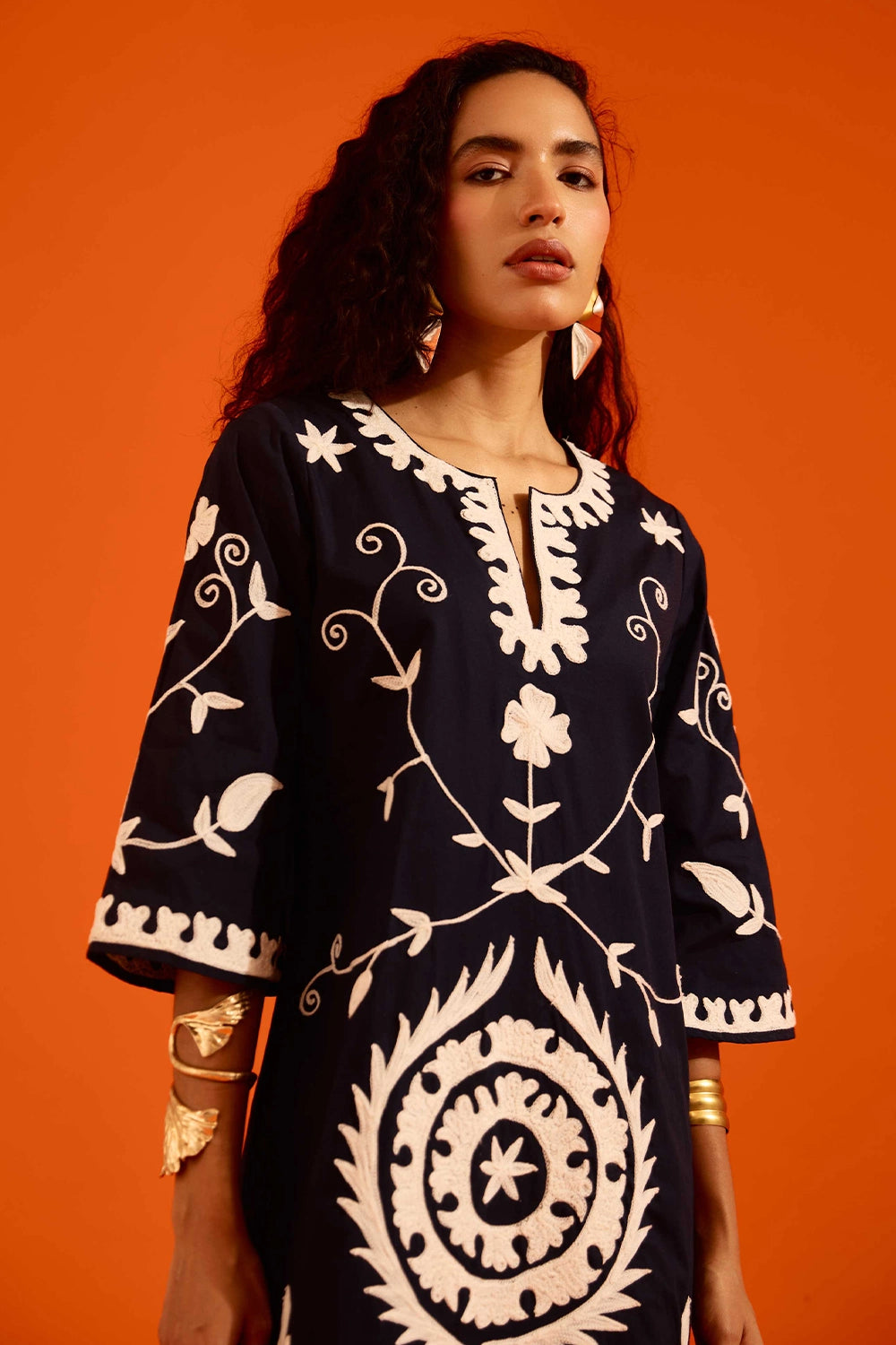 Midnight Cotton Maxi Dress with Thread Embroidery