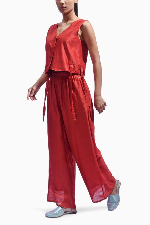 Crimson Red Cross Silk Co-ord Set