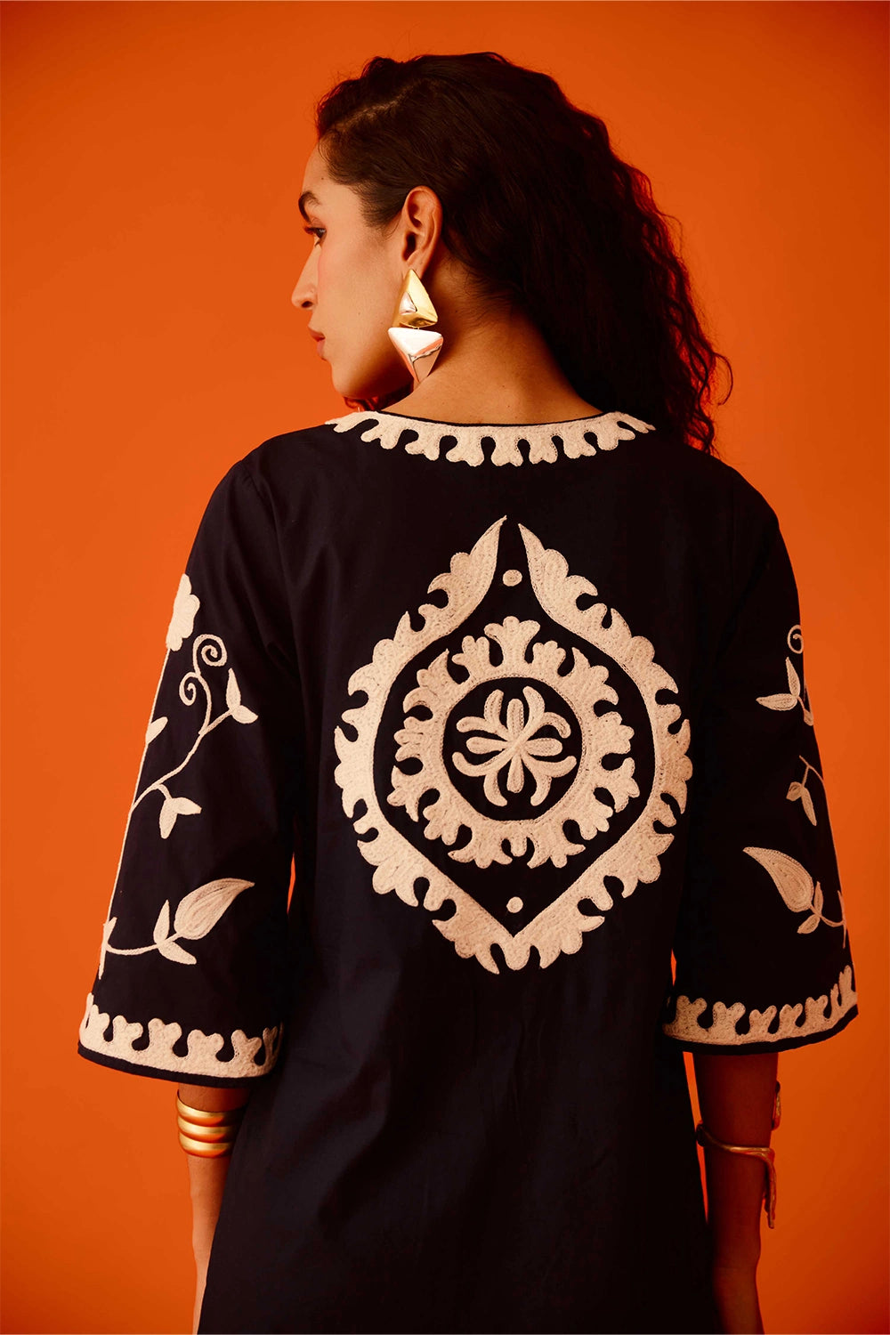 Midnight Cotton Maxi Dress with Thread Embroidery