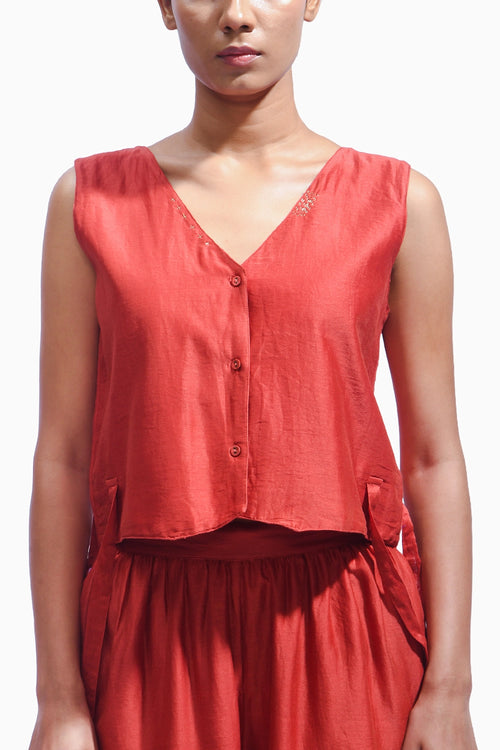 Crimson Red Cross Silk Co-ord Set