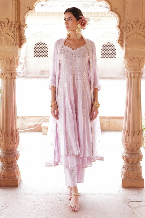 Lavender Big Flower Anarkali with Pants and Dupatta
