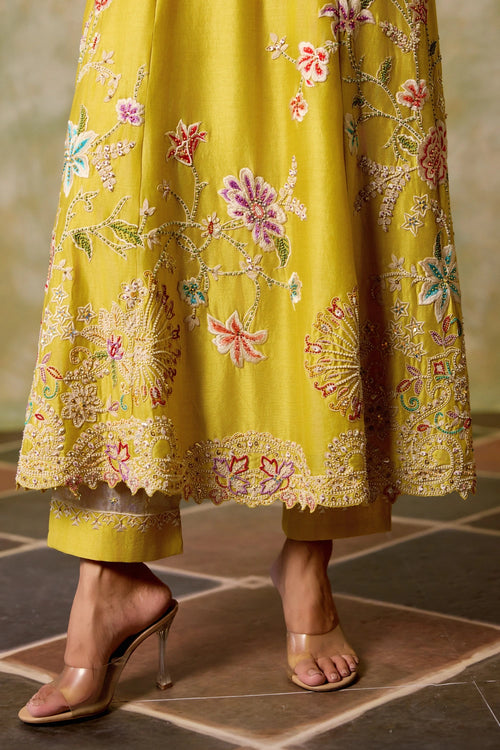 Yellow Contrast Cordwork Flared Kurta with Sheer Panel Pants