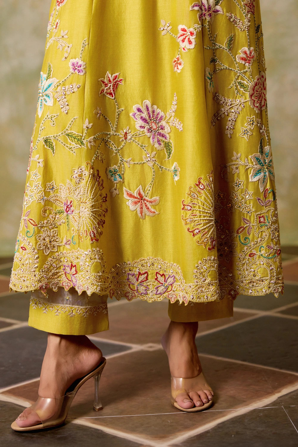 Yellow Contrast Cordwork Flared Kurta with Sheer Panel Pants