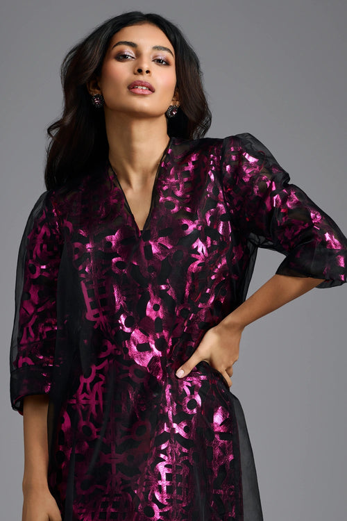 Fuchsia Metallic Sheer-Layered Dress