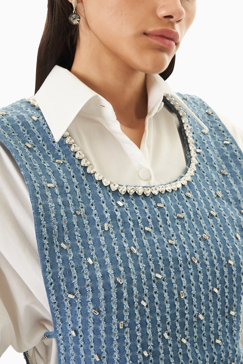 Blue Lazercut Denim Crystal Bib