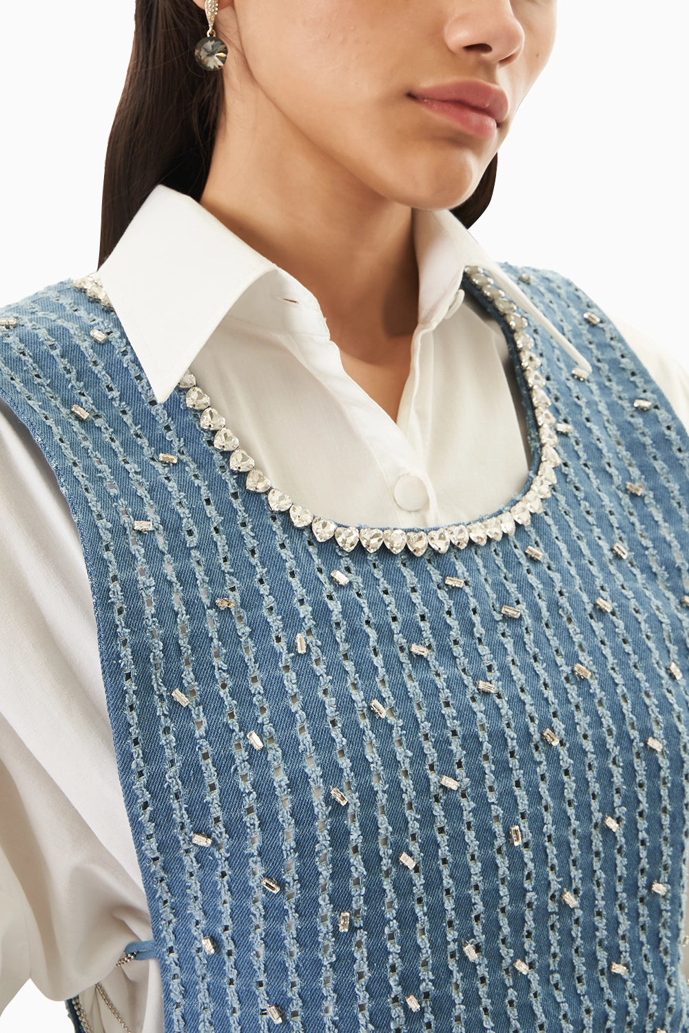 Blue Lazercut Denim Crystal Bib