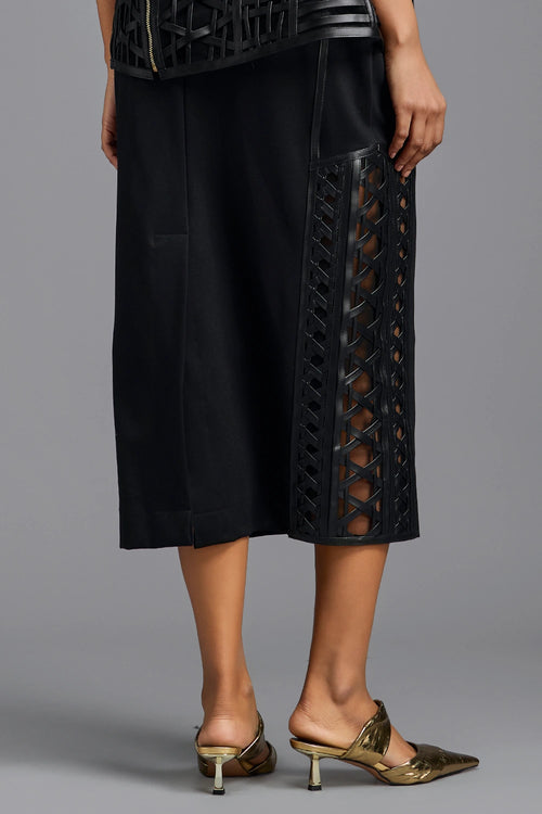 Black Sleek Midi Skirt with Paneled Lattice Detailing