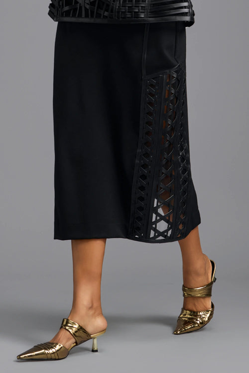 Black Sleek Midi Skirt with Paneled Lattice Detailing