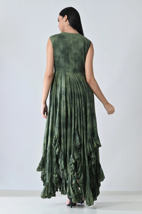 Green Forest  Cascade Ruffled High Low Printed Dress