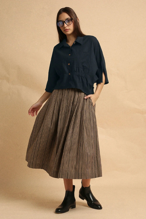 Charcoal Collar Crop Top And Brown Box Pleated Skirt Set