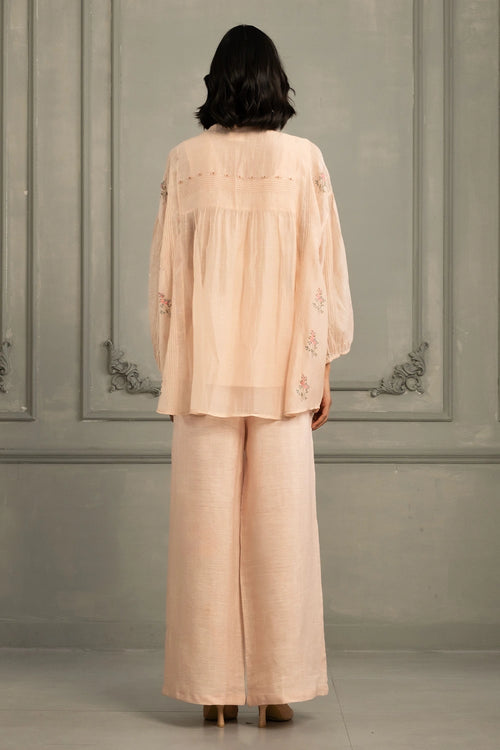 Old Rose Mul Chanderi Embroidered Shirt And Linen Pants Set