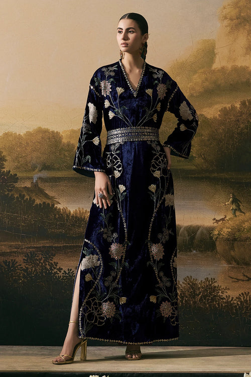 Cobalt Blue Metallic Dress Kurta With Tie-Up Belt