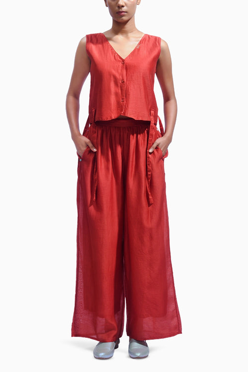 Crimson Red Cross Silk Co-ord Set