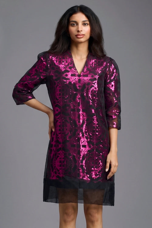 Fuchsia Metallic Sheer-Layered Dress