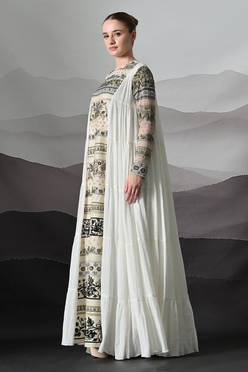 Ivory Artisanal Embroidered Gown With Panelled Overlay