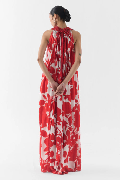 Red Ink Halter Dress With Collar