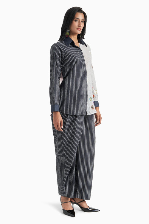 Black And Blue Stripes Shirt And Pants Set