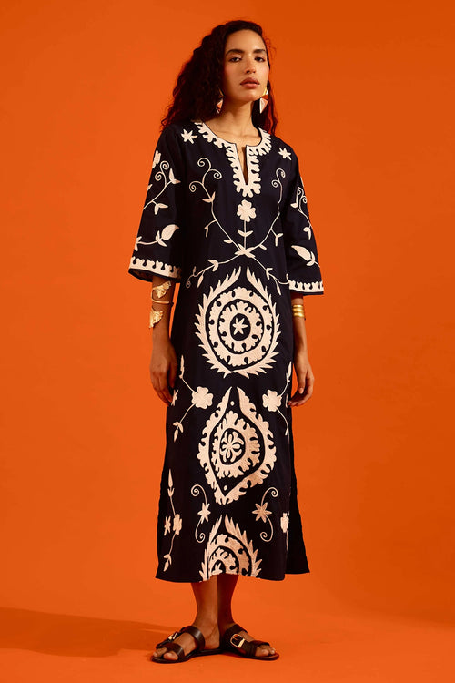 Midnight Cotton Maxi Dress with Thread Embroidery
