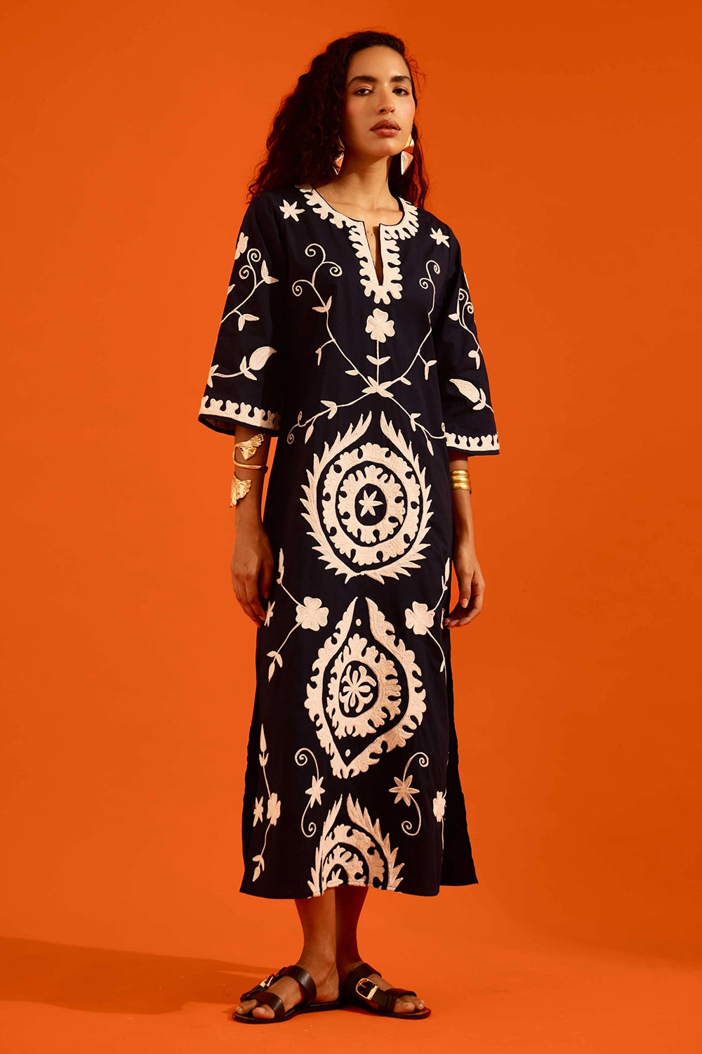 Midnight Cotton Maxi Dress with Thread Embroidery