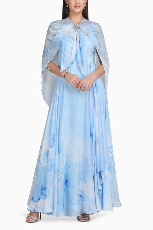 Aurora Tone Ice Blue Cape Dress
