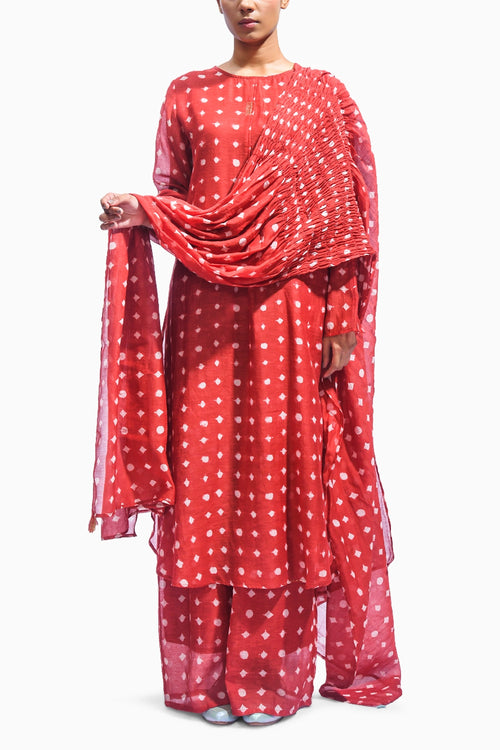 Red Block Printed Kurta Set