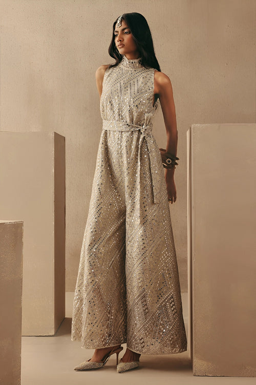 Natural Hi Neck Mirrorwork Jumpsuit