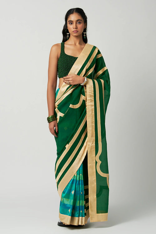 Emerald Mehrabiya Applique Silk Saree with Mist Blouse
