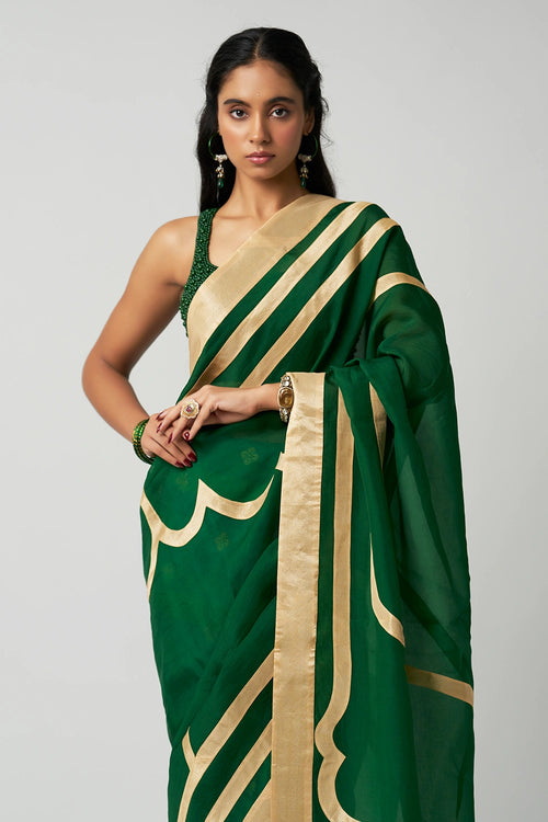 Emerald Mehrabiya Applique Silk Saree with Mist Blouse