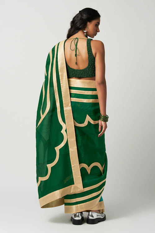 Emerald Mehrabiya Applique Silk Saree with Mist Blouse