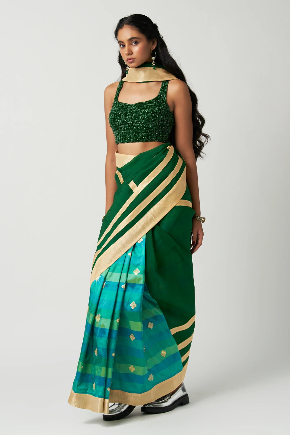 Emerald Mehrabiya Applique Silk Saree with Mist Blouse