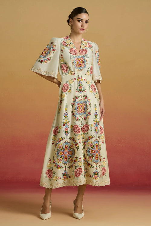 Ivory Floral Threadwork Amaryllis Shirt Dress