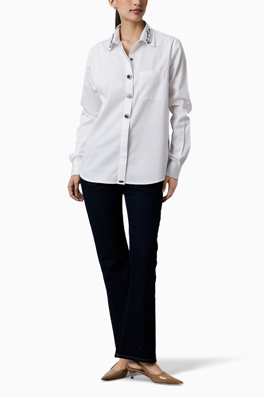 White Emerald Swarovski Button Shirt